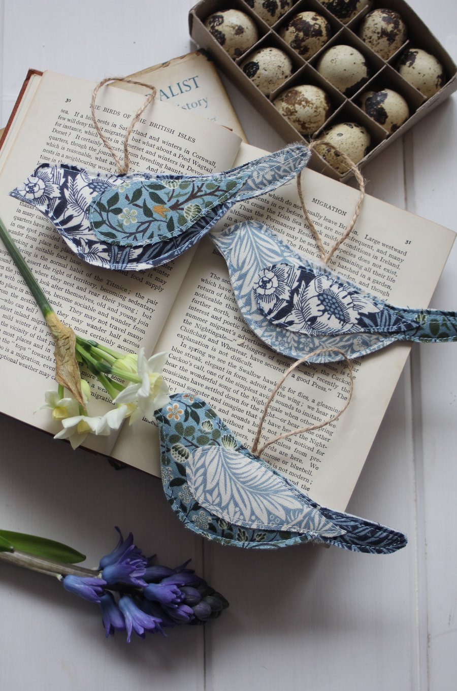 Bird trio made from V&A Museum William Morris fabric in shades of blue