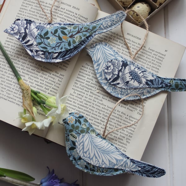 Bird trio made from V&A Museum William Morris fabric in shades of blue