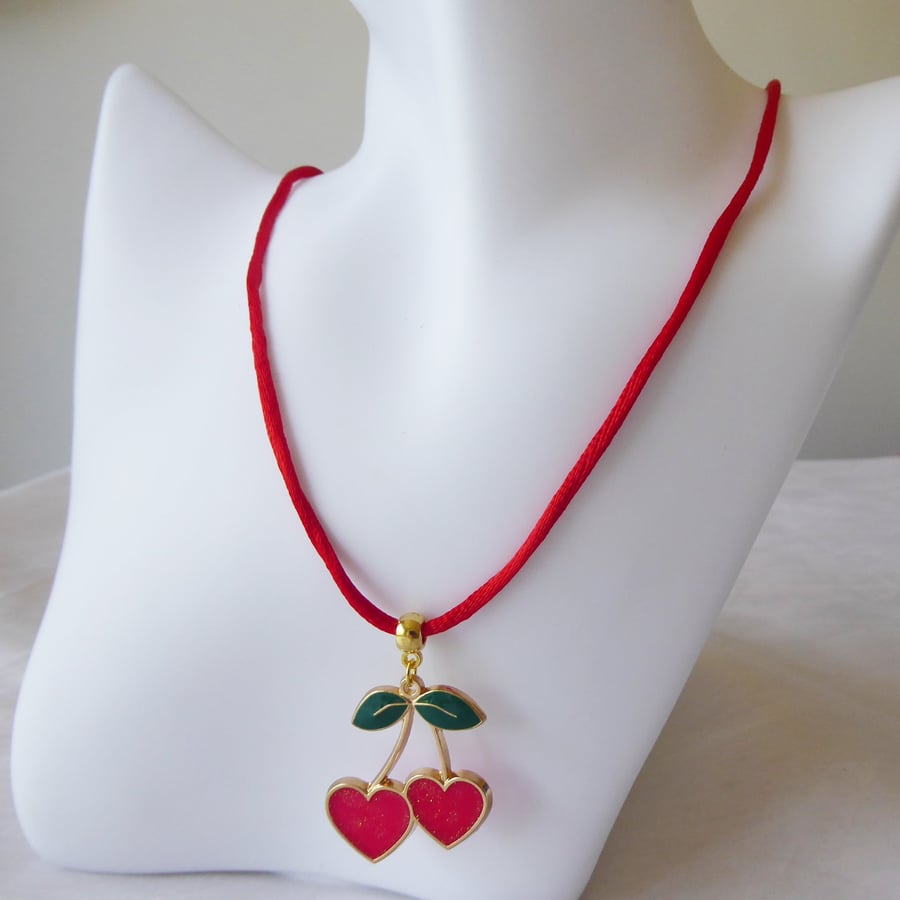 Heart Shaped Cherries Enamelled Pendant with Red Silky Adjustable Cord