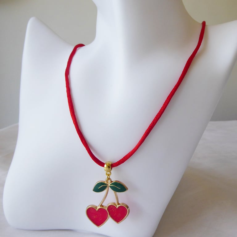 Heart Shaped Cherries Enamelled Pendant with Red Silky Adjustable Cord