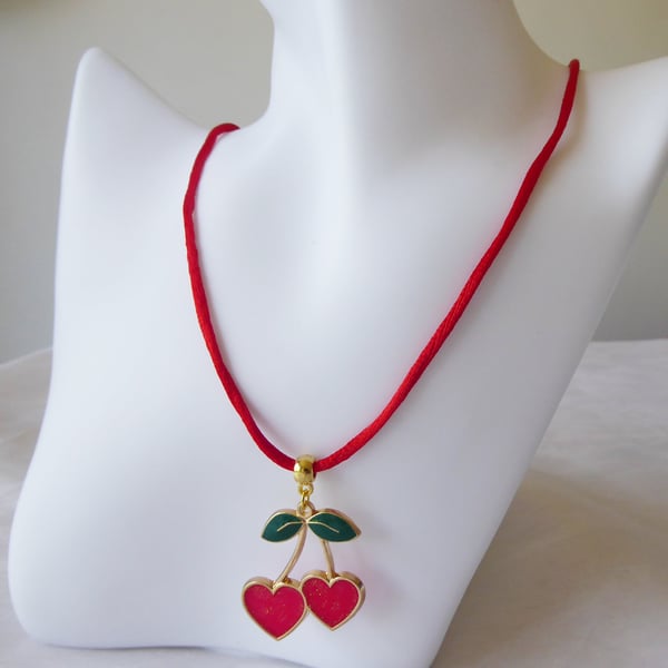 Heart Shaped Cherries Enamelled Pendant with Red Silky Adjustable Cord