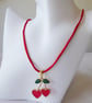 Heart Shaped Cherries Enamelled Pendant with Red Silky Adjustable Cord