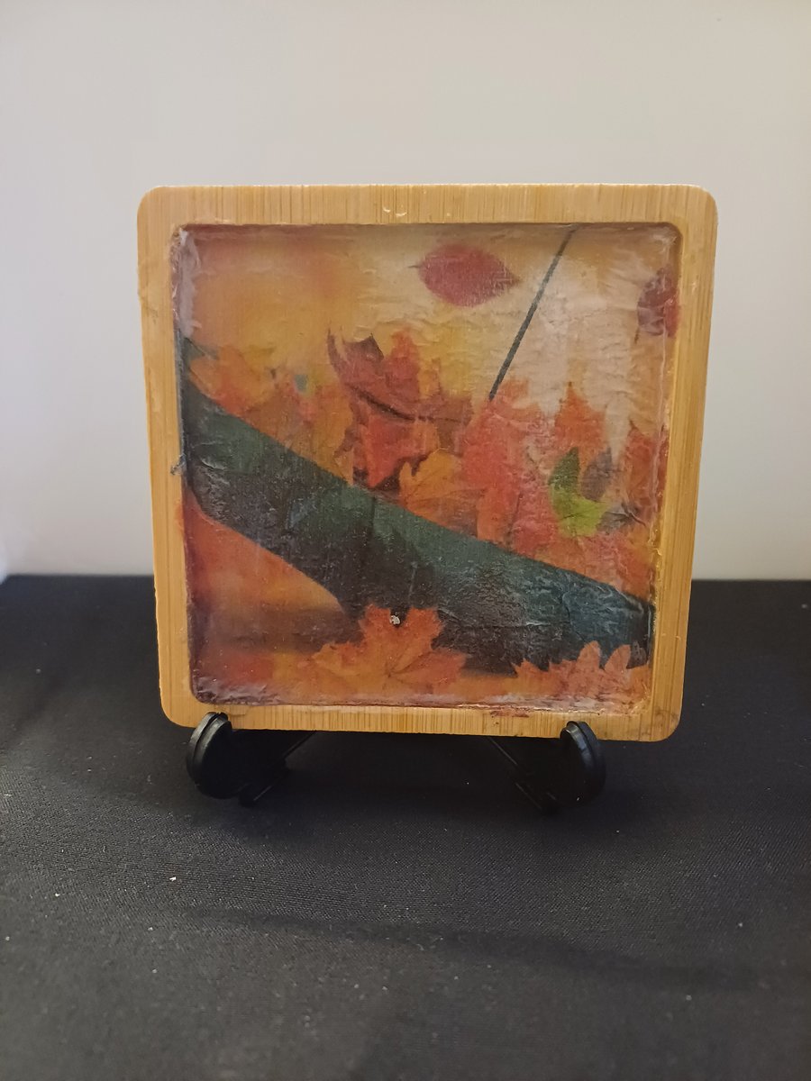 Autumn Decoupage Bamboo Square Ornament 