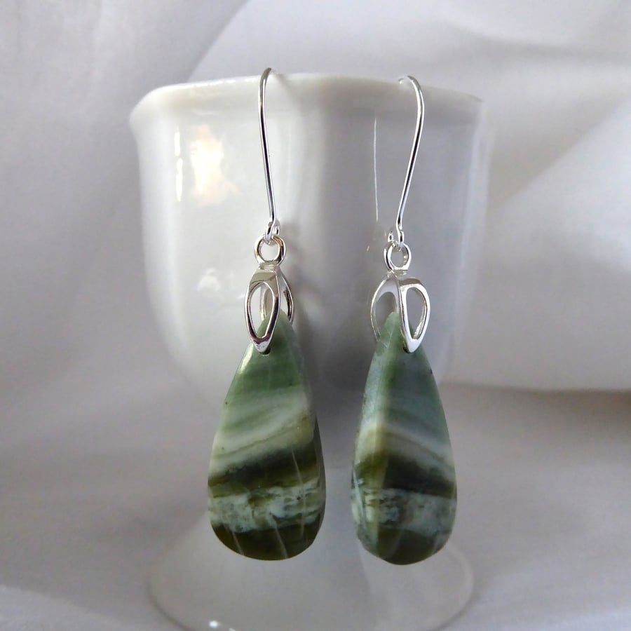 Sterling Silver and Serpentine Teardrop Earrings