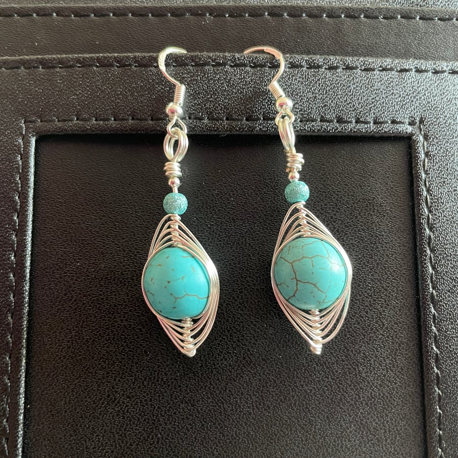 Wire Wrapped Pressed Turquoise Earrings