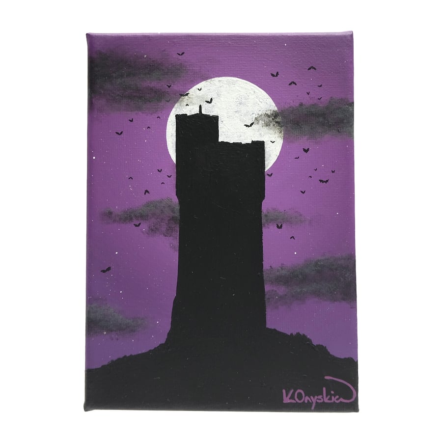 Sold Moonlit Castle Hill Painting - small gothic art of Huddersfield landmark
