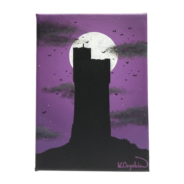 Moonlit Castle Hill Painting - small gothic art of Huddersfield landmark