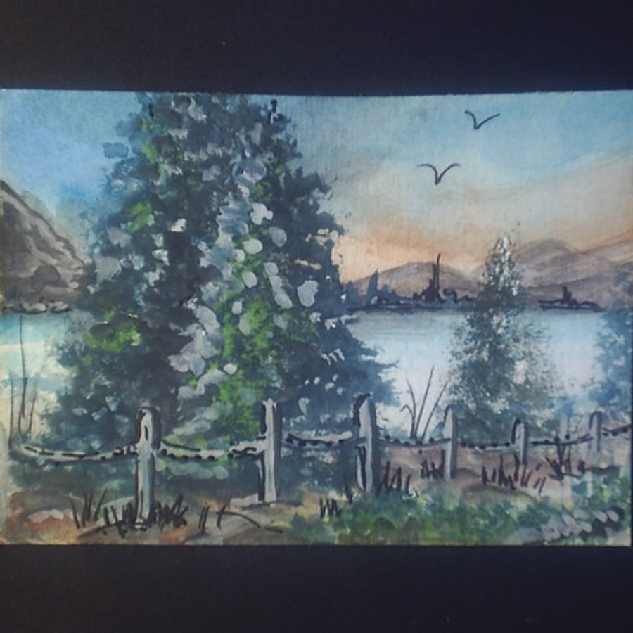 aceo lakeside original watercolour by Gweddusart