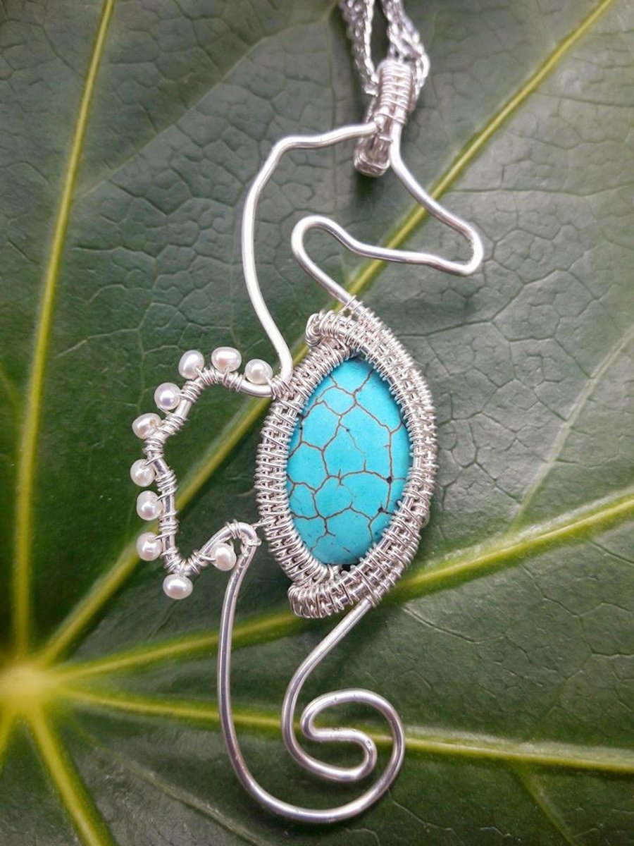Handmade Wire Wrapped Seahorse Pendant with Turquoise Howlite and Seed Pearls
