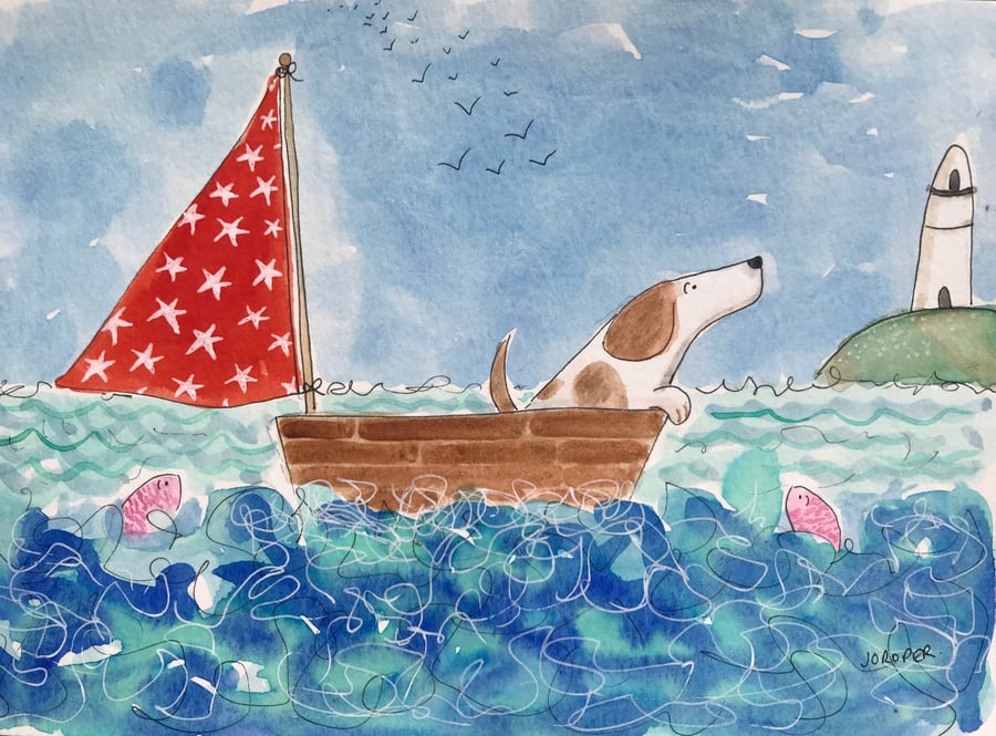 Original Painting sailing doggo pooch dog in boat Jo Roper