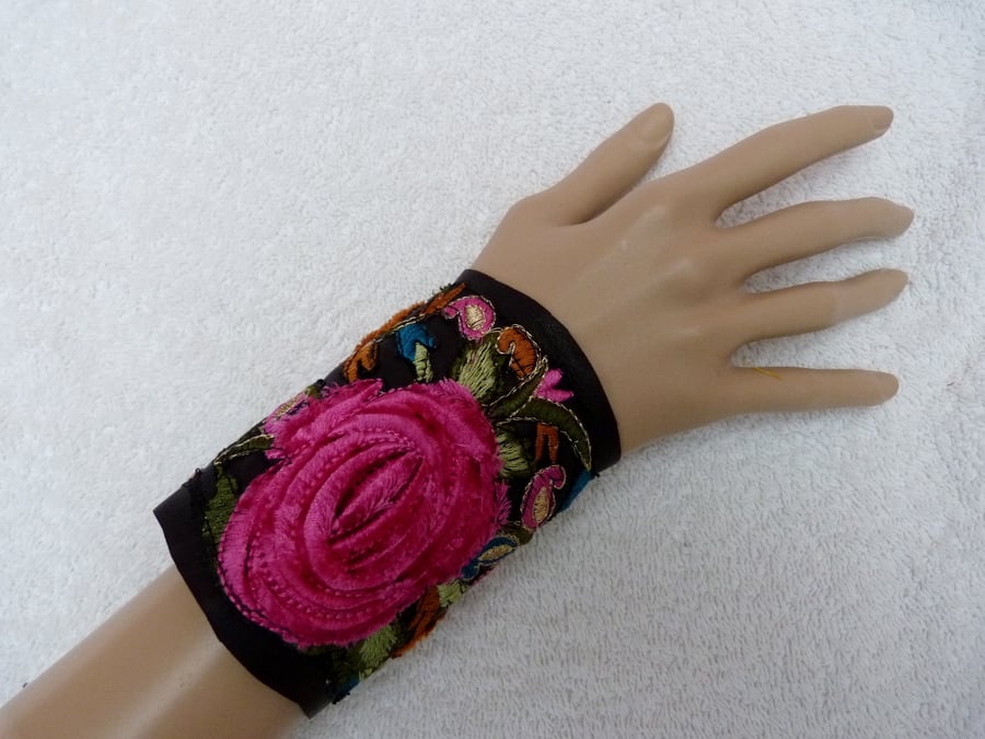 Leather and Fabric Cuff Bracelet