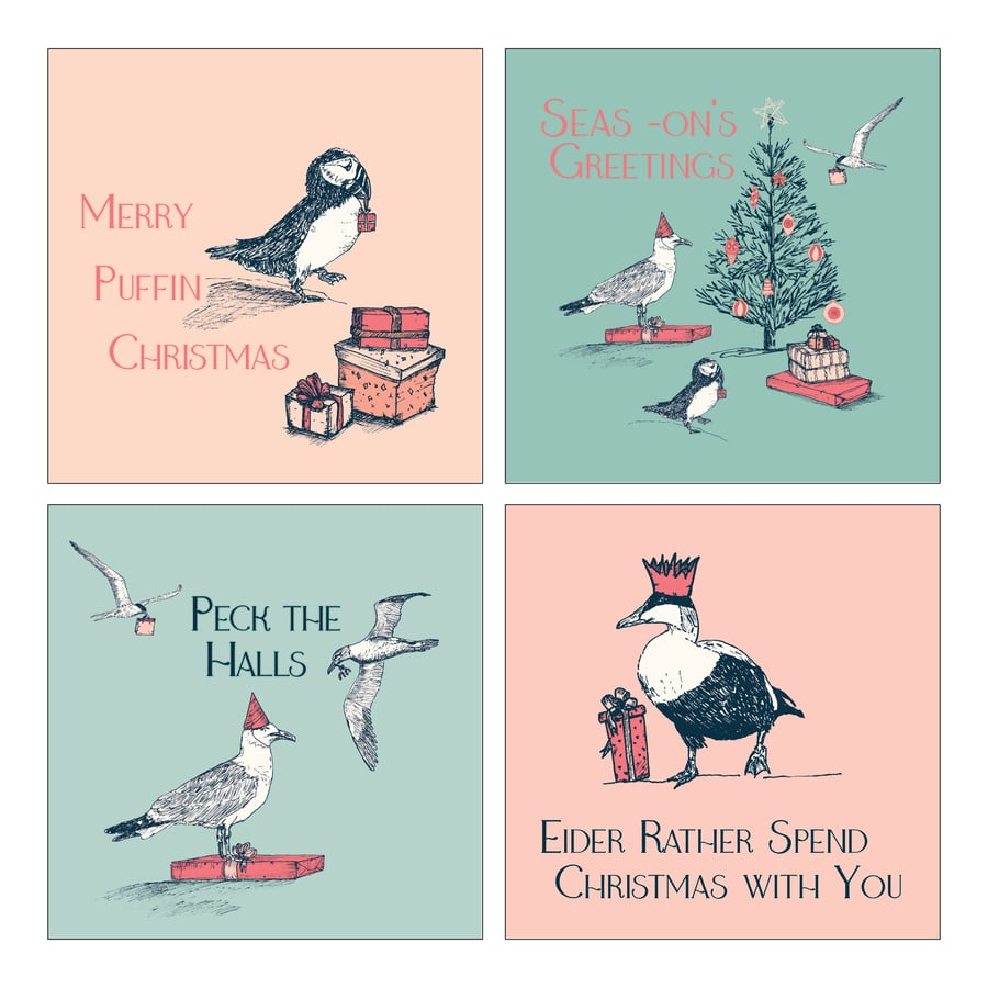 Set of x4 Luxury Eco Christmas Cards - Festive & Funny Coastal Bird Cards