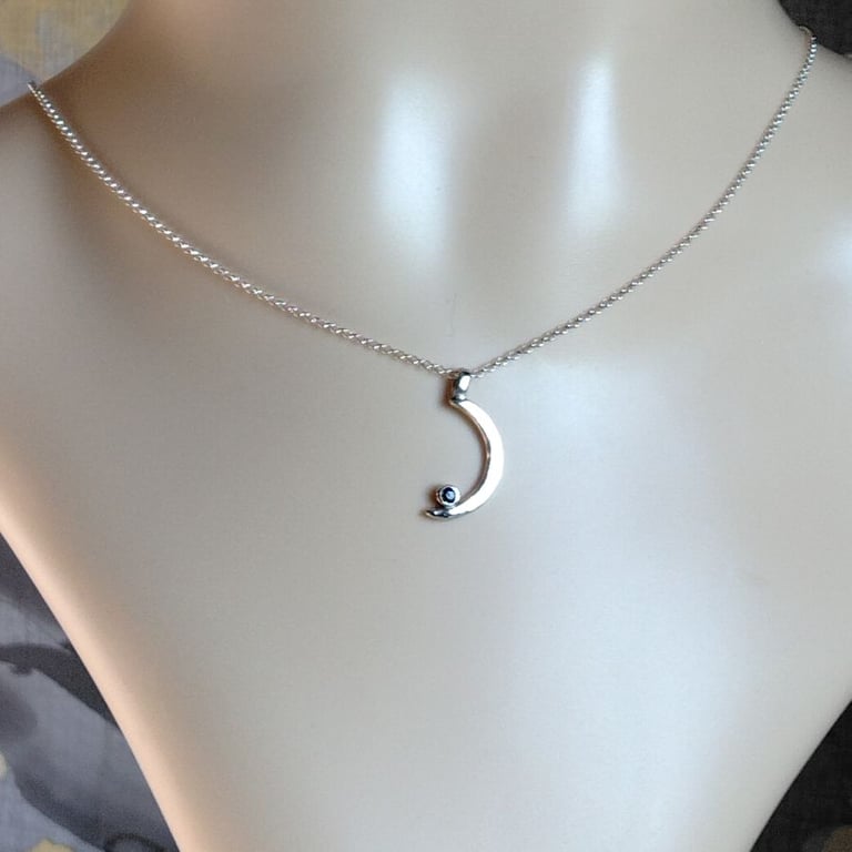 Sapphire crescent moon pendant sterling silver