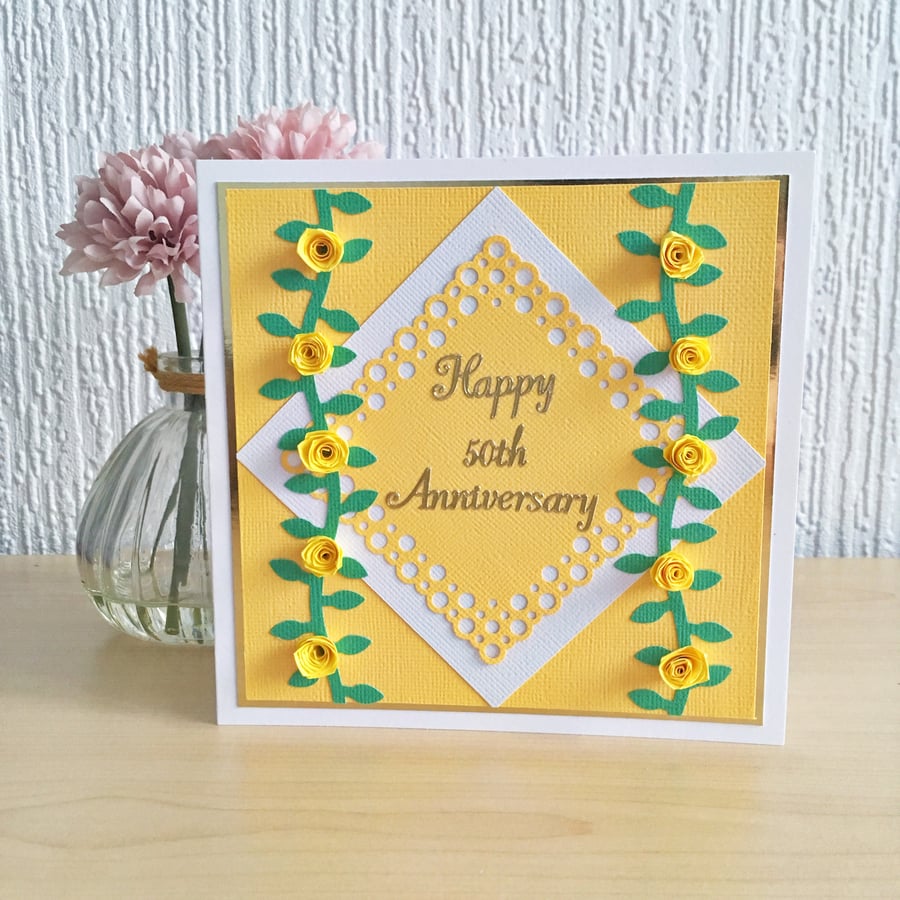 Anniversary card - quilled yellow roses - golden wedding or any number