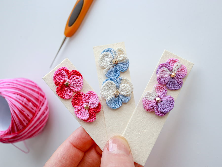 Pansy Flower Violet Stud Earrings, Crochet Floral Jewelry, February Birth Flower