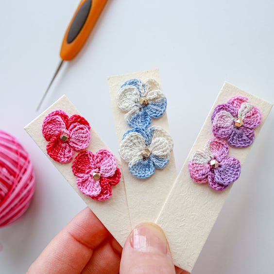 Pansy Flower Violet Stud Earrings, Crochet Floral Jewelry, February Birth Flower