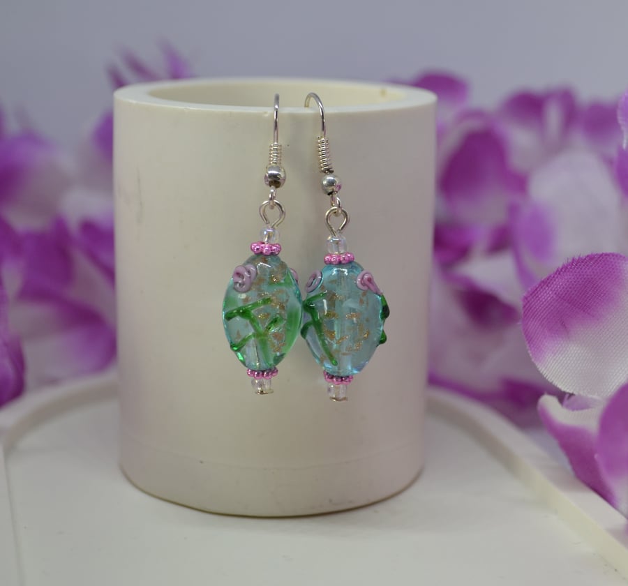 Murano Style Pink and Blue Floral Earrings