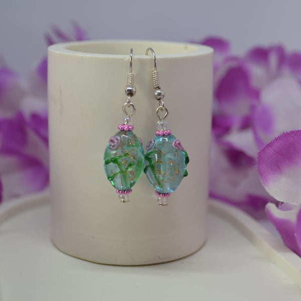 Murano Style Pink and Blue Floral Earrings