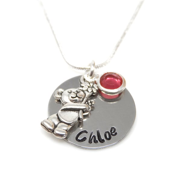 Childs Personalised Name Necklace with Teddy Bear and Birthstone - Gift Boxed