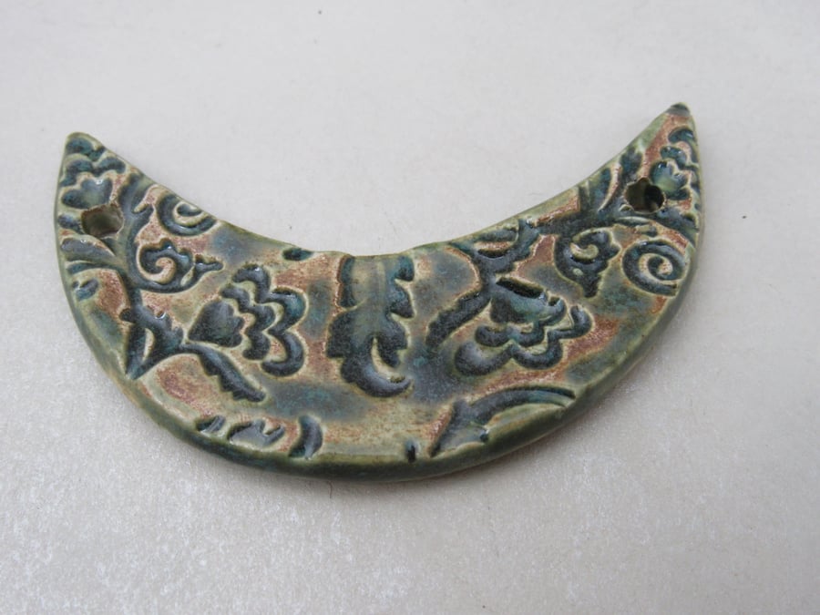Forest Green Brocade Ceramic Crescent Bib Pendant