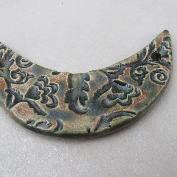 Forest Green Brocade Ceramic Crescent Bib Pendant