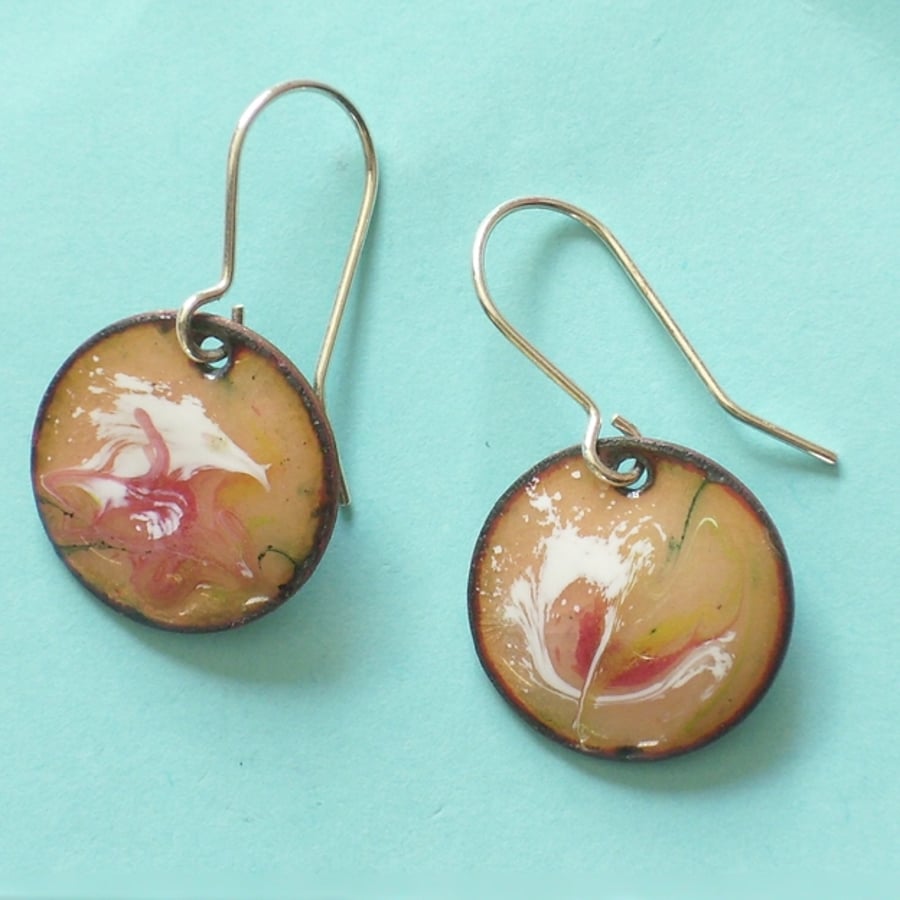 scrolled enamel earrings - round - red and white