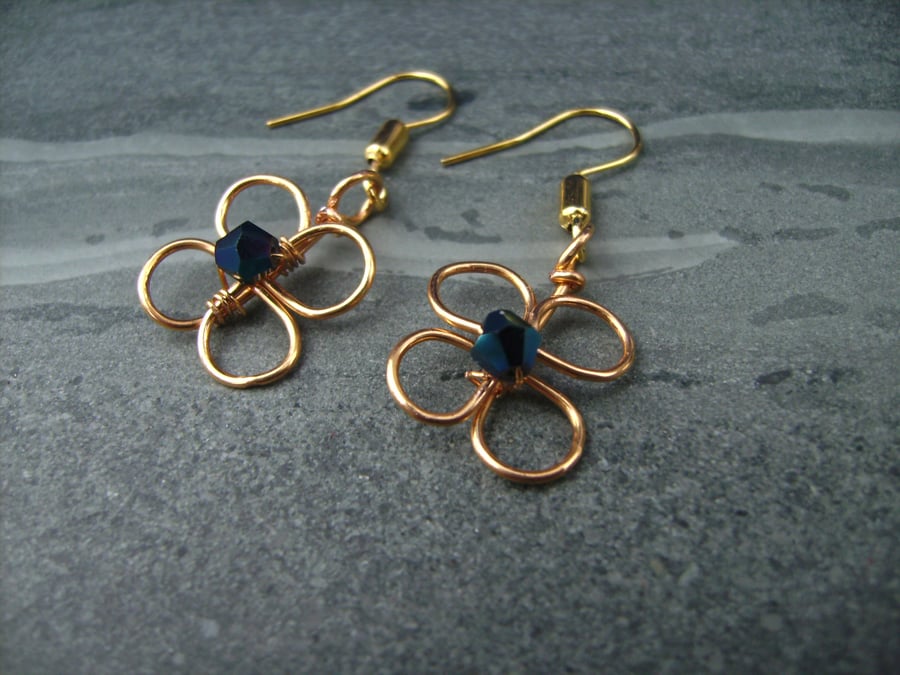 Flower Earrings Golden Crystal Blue  Gift