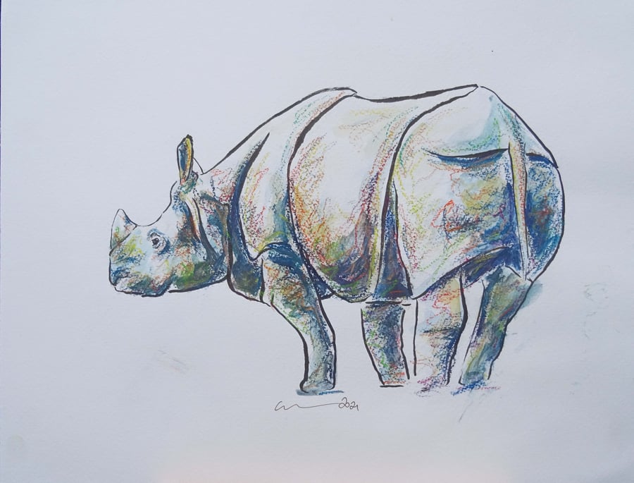 Rhino Original Art Animal Painting OOAK