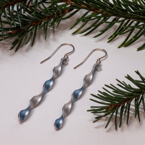 Twisted Ribbon earrings, pale blue and silver coloured