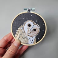 Handmade fabric Barn owl decorations, mini hoop hanging decoration, grey