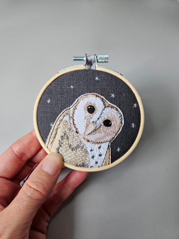 Handmade fabric Barn owl decorations, mini hoop hanging decoration, grey