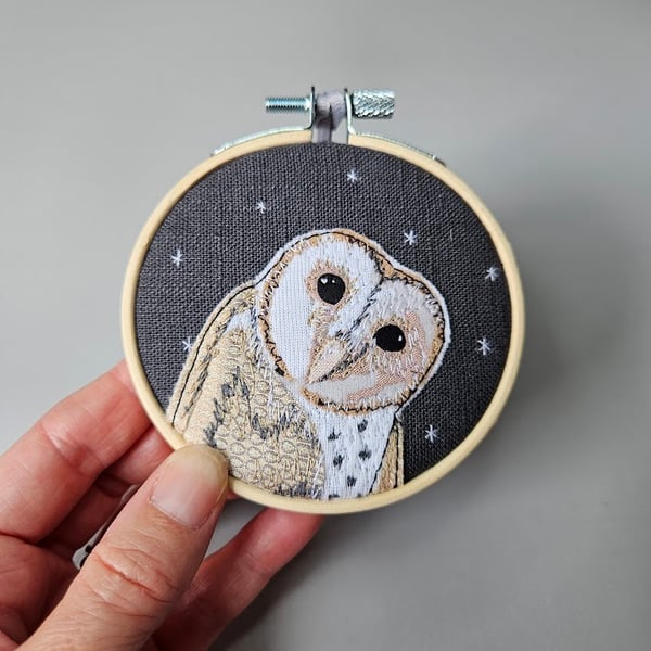 Handmade fabric Barn owl decorations, mini hoop hanging decoration, grey