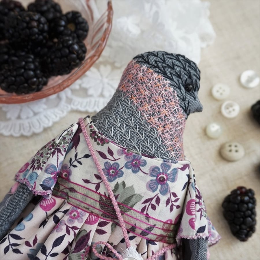 Briar, A Hand Embroidered Bullfinch Folk Art Rag Doll