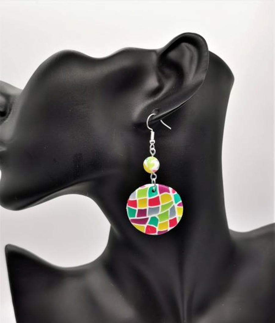 Stained glass effect, round statement earrings. Handmade in polymer clay.