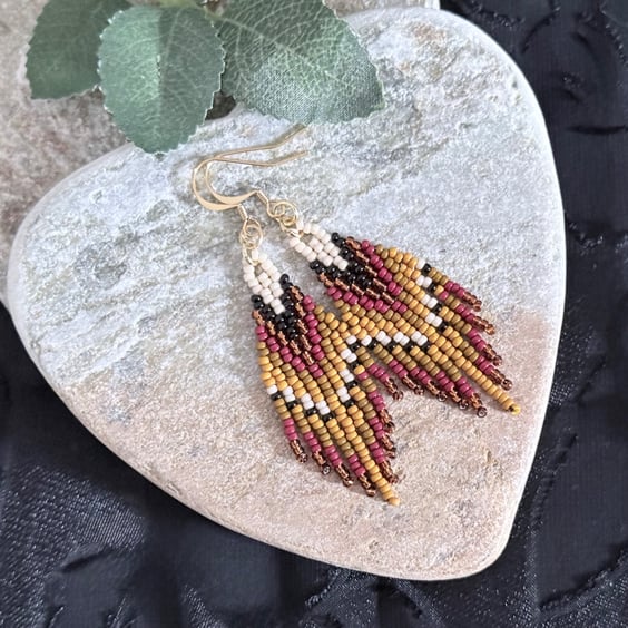 Handmade Miyuki seed bead fringe earrings in warm earthy tones