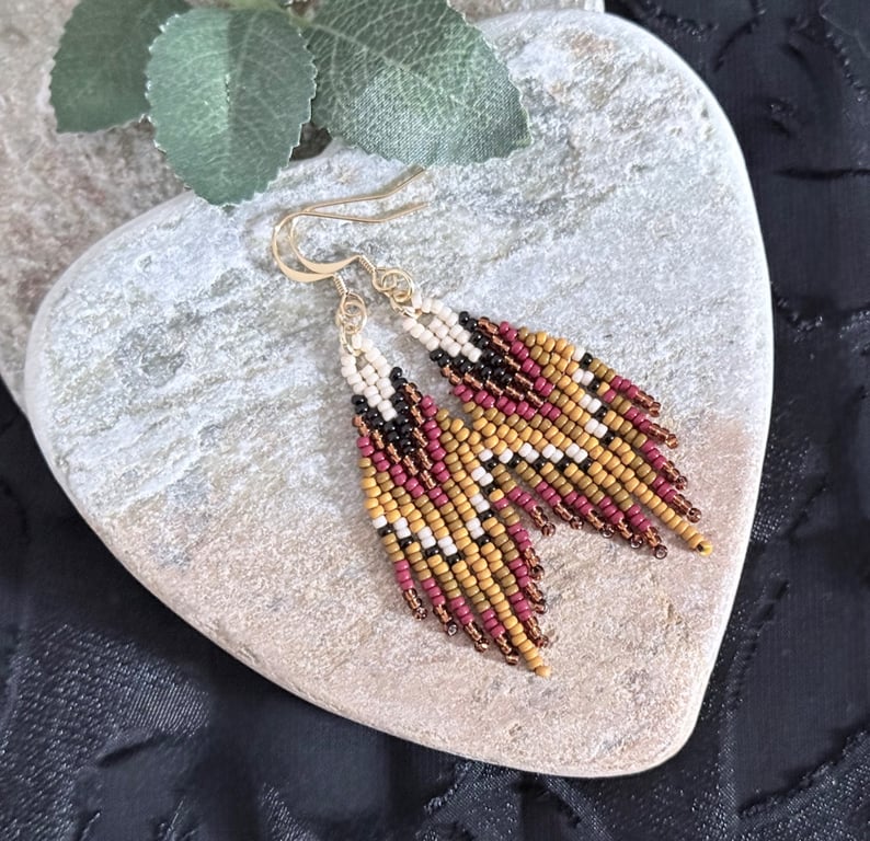 Handmade Miyuki seed bead fringe earrings in warm earthy tones
