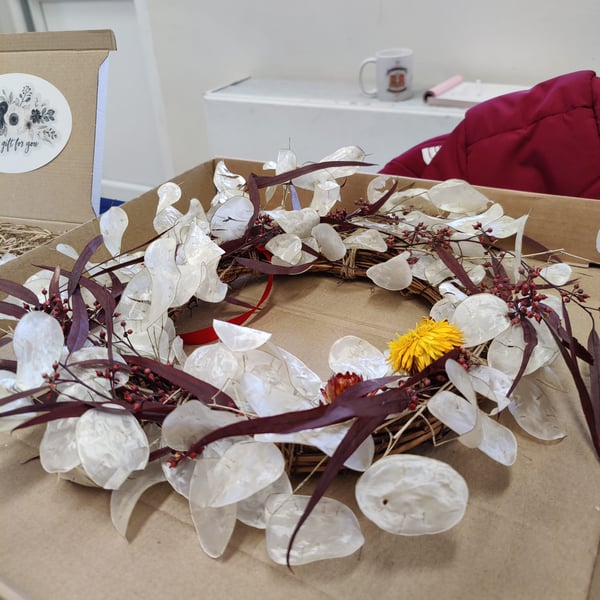 Rustic hand made dried honesty flower wreath