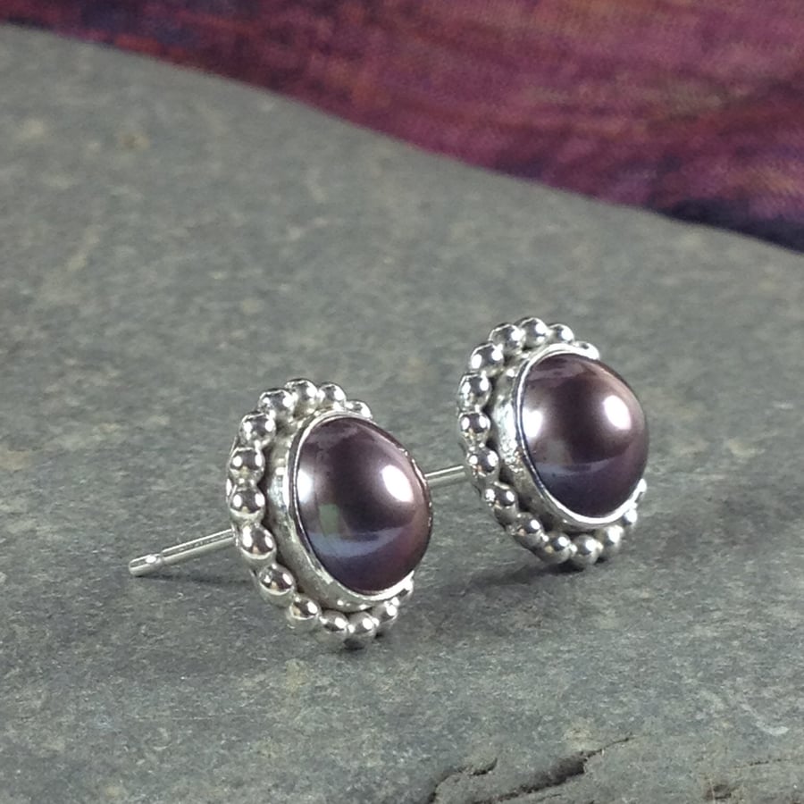 Silver and peacock pearl stud earrings