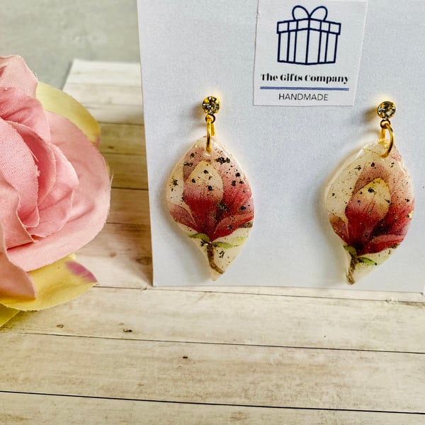 Floral, lily polymer clay, teardrop dangle earrings, finished with resin