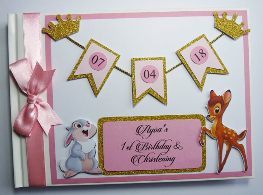 Personalised Bambi pink and gold glitter crowns themed girls birthday guest book