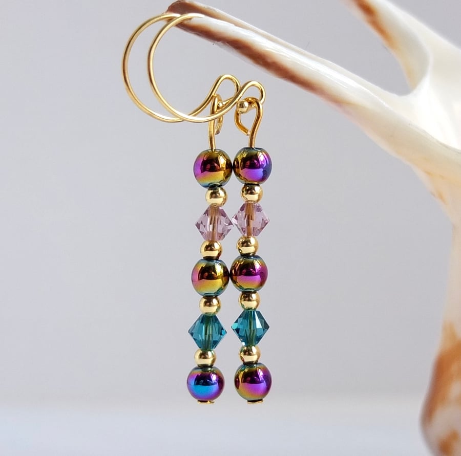 Rainbow Hematite and Swarovski Crystal Earrings.