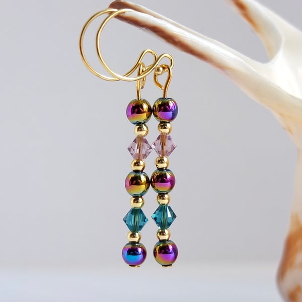 Rainbow Hematite and Swarovski Crystal Earrings.