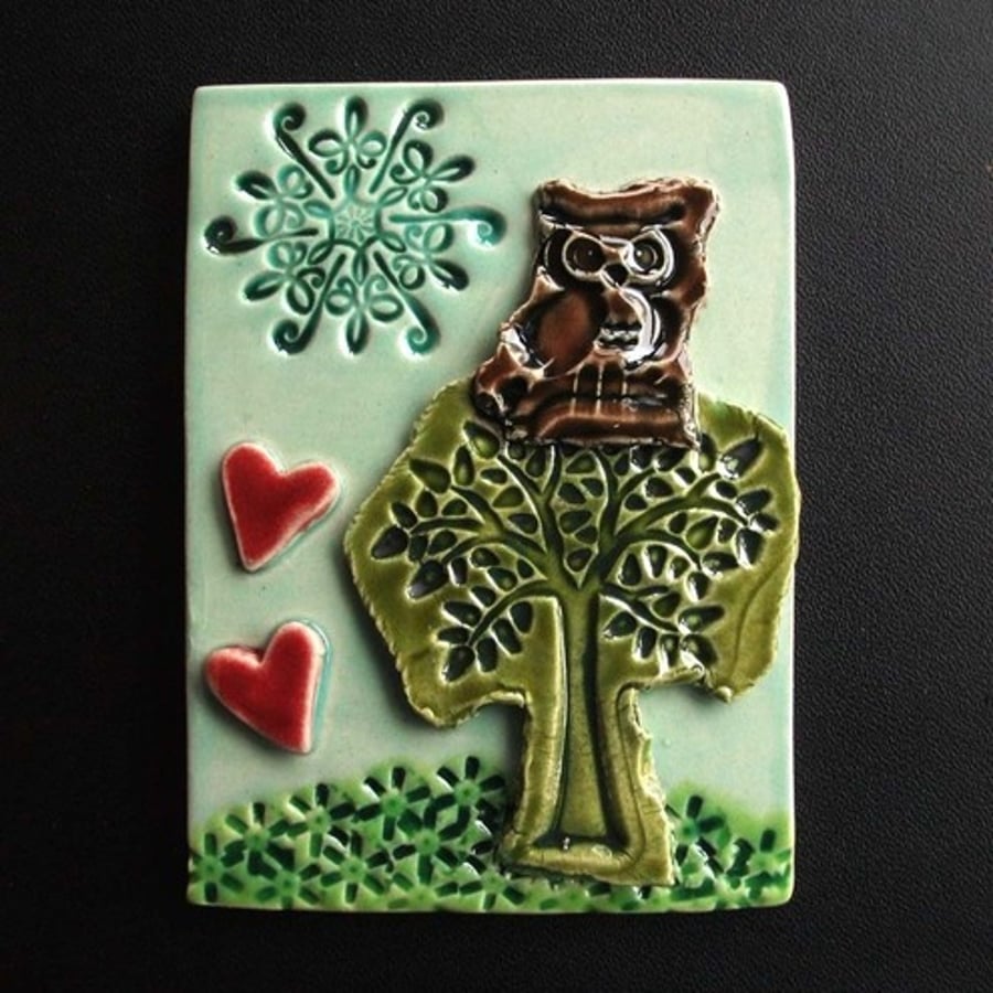 small ceramic tile aceo size. owl in the tree