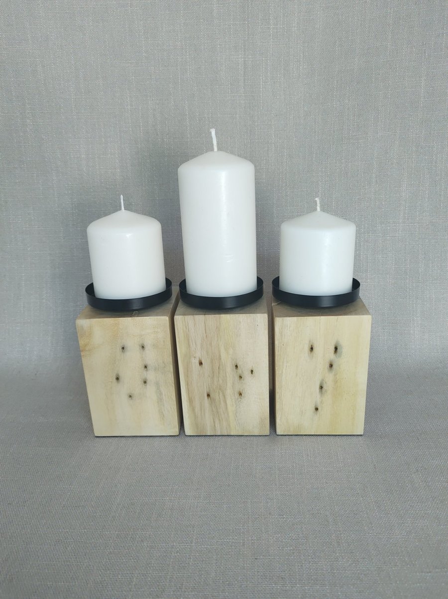 Pillar Candle Stand Set Upcycled Pallet Wood Blocks with Black Cups