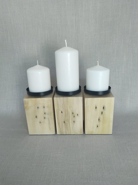 Pillar Candle Stand Set Upcycled Pallet Wood Blocks with Black Cups