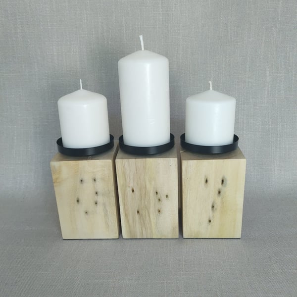 Pillar Candle Stand Set Upcycled Pallet Wood Blocks with Black Cups