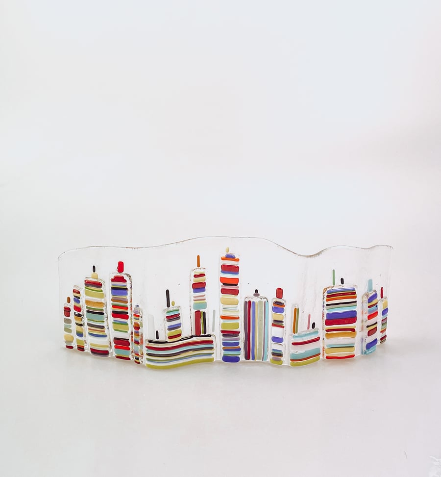 Fused Glass Cityscape Wave Ornament - Candle Stand