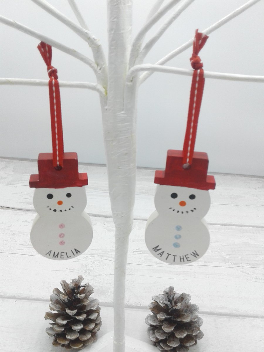 Personalised Christmas decoration. Ceramic snowman. Christmas tree decoration.