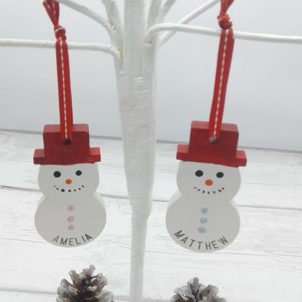 Personalised Christmas decoration. Ceramic snowman. Christmas tree decoration.