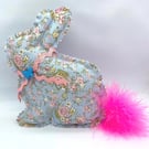 Handmade Easter Bunny Decoration Set – Pink & Floral Fabric Ornaments – 4 Piece 